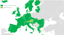 eena_aml A map of Europe shows various countries shaded in two different colors to indicate the deployment status of AML (Advanced Mobile Location). Countries shaded in dark green, including the United Kingdom, Ireland, France, Germany, Spain, Italy, Poland, and the Nordic countries, are labeled as "AML fully deployed (Google + Apple)." Countries shaded in light green, specifically Austria, Bosnia and Herzegovina, and Croatia, are marked as "AML partially deployed." A legend in the upper left corner clarifies these color distinctions. Below the map, a list of additional countries where AML is partially deployed includes Australia, Hong Kong, Mexico (some states), New Zealand, Taiwan, United Arab Emirates, and the United States (some PSAPs).